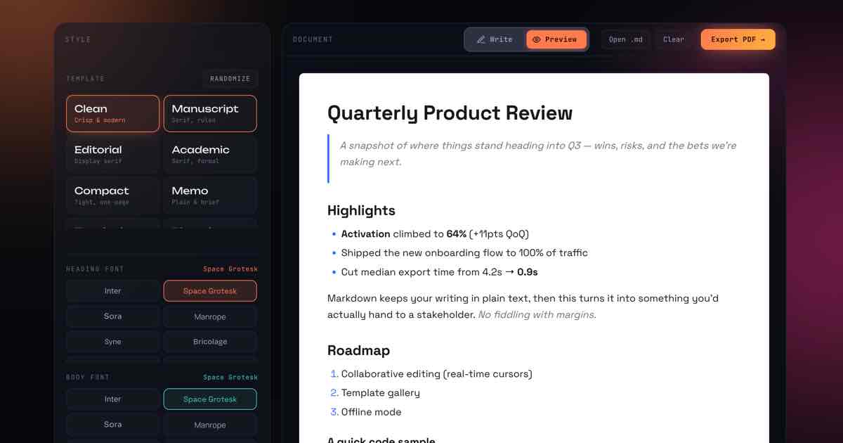 Screenshot of Markdown Galley: Markdown to PDF converter with a library of document styles, live preview, and crisp print-ready output. Paste or drop a .md file and export a clean, selectable PDF.