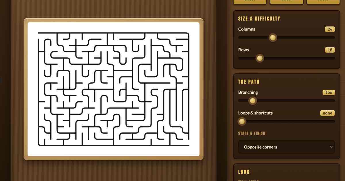 Screenshot of Maze Maker: Free printable maze generator — grid, hex, triangle, circular, or shaped from a photo or emoji. Solve, then export to PDF, PNG, or SVG with an answer key.