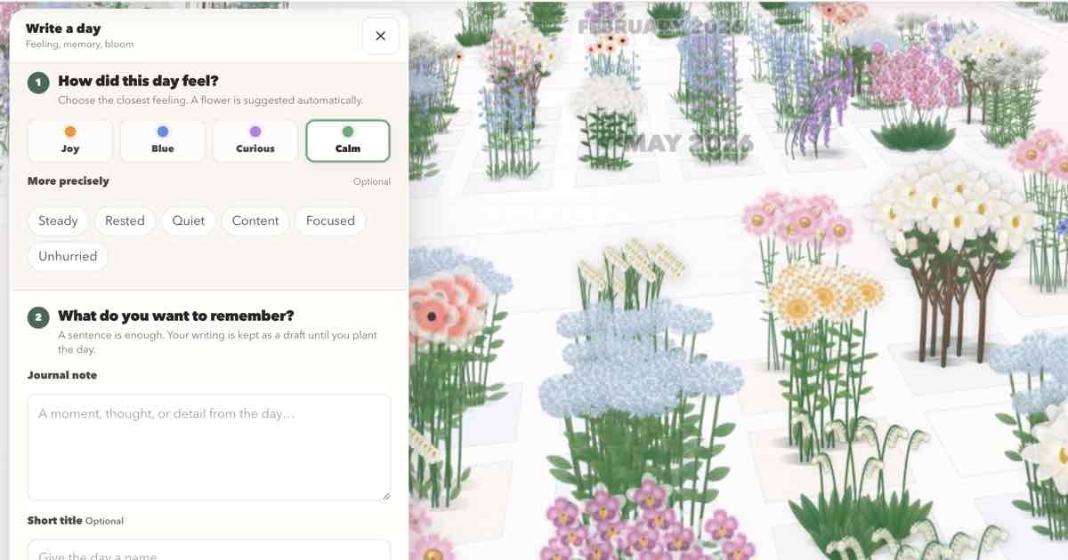 Screenshot of Mood Journal: Mood tracker and daily journal that grows every entry into a flower on a year-long 3D calendar garden. 96 species, private, no account needed.