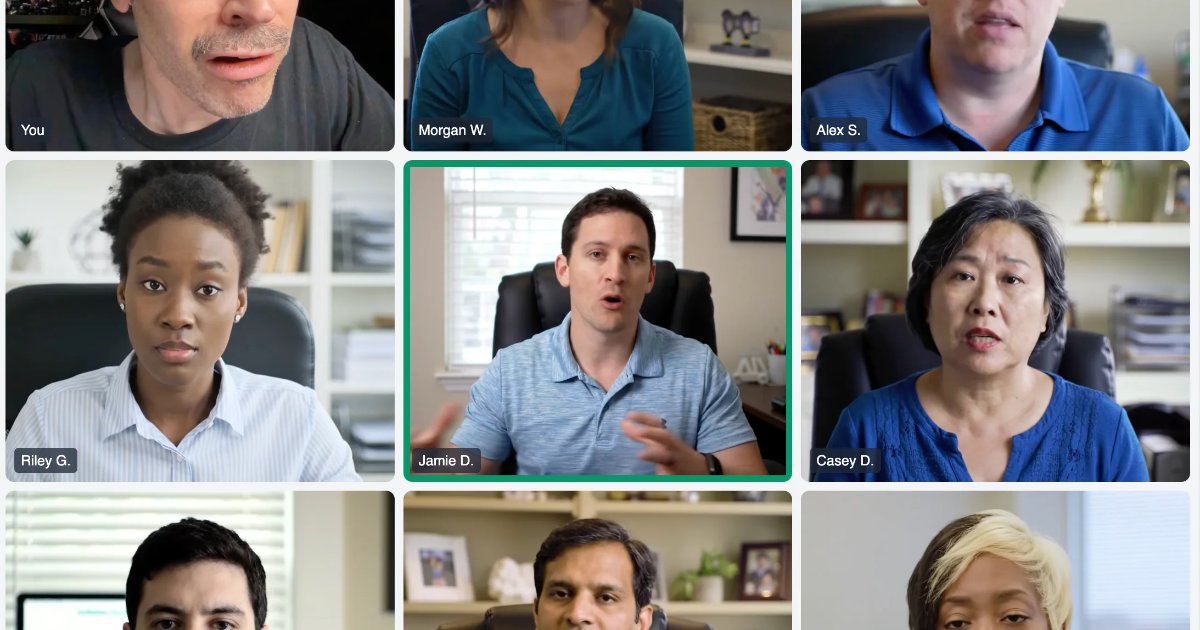 Screenshot of Meeting Sim: Fake video meeting simulator. Generate realistic call screens to appear busy — a humorous tool for remote workers who need to look like they're in a meeting.