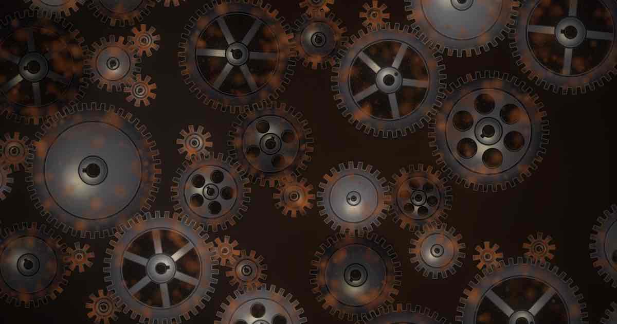 Screenshot of Aetheric Gears: Procedural steampunk gear machine that animates endless interlocking brass gear trains — a clockwork art generator with an optional parallax pipes background.