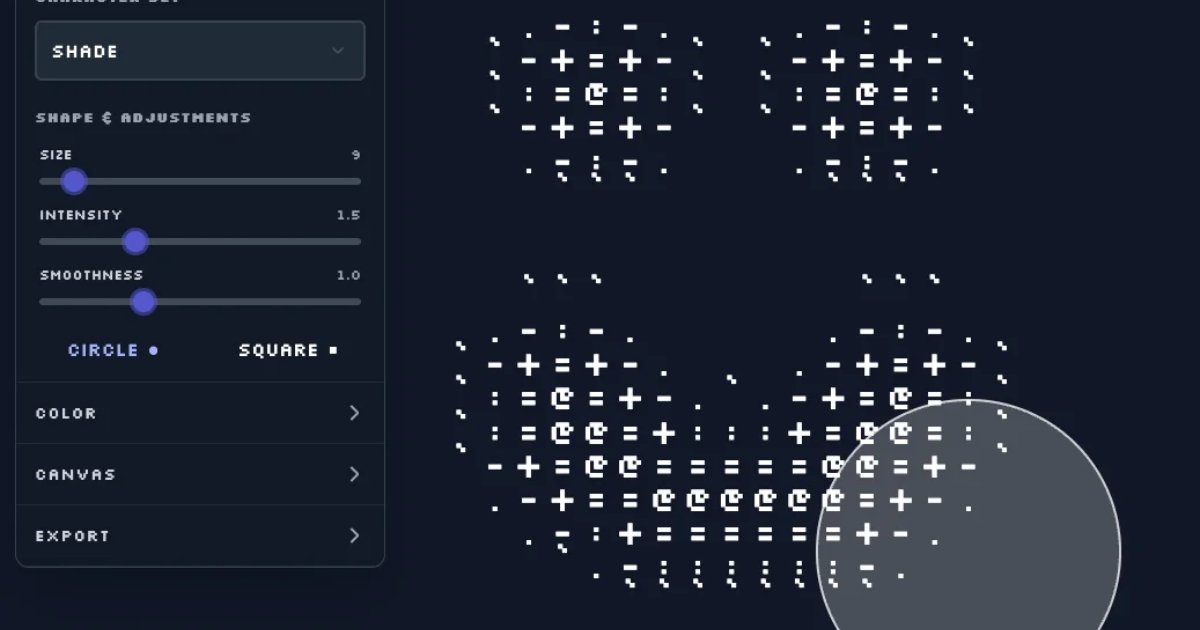 Screenshot of ASCII Painter: ASCII art drawing tool with full character palette, colors, and brushes. Create and export text art — a free alternative to Textcraft, REXPaint, and Playscii.
