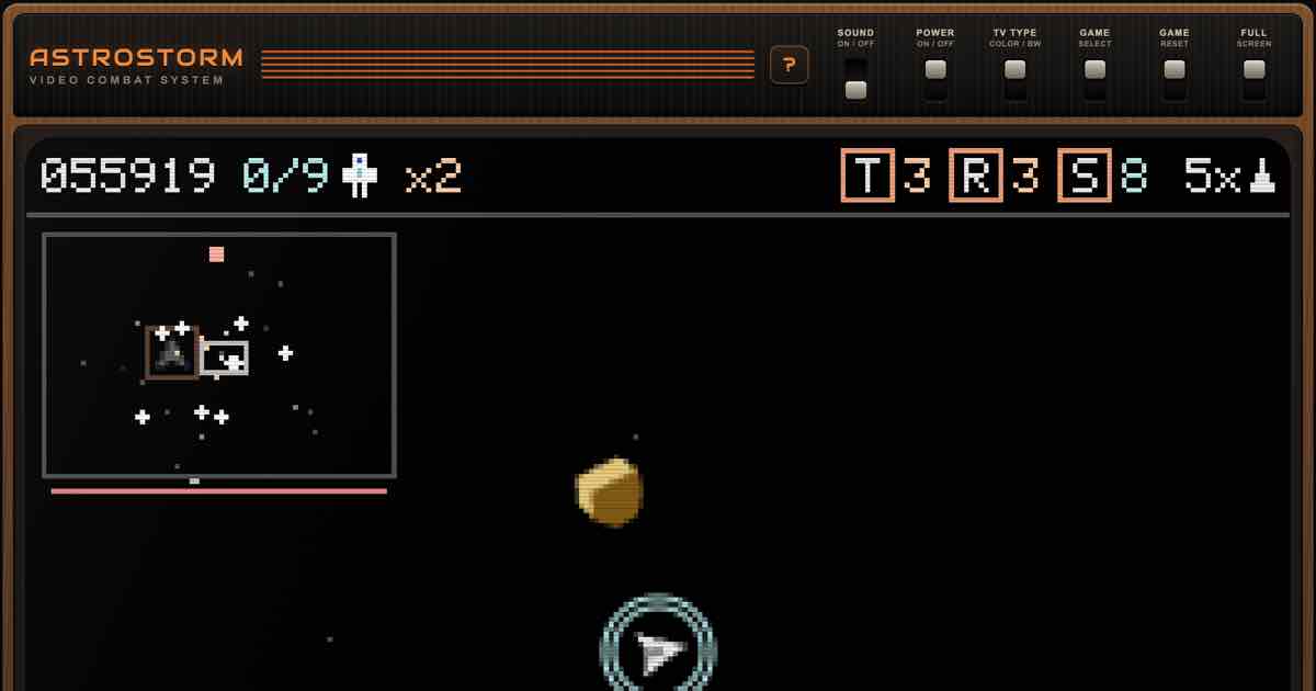 Screenshot of Astrostorm: Classic Asteroids game with power-ups, hyperspace, UFOs, astronaut rescues, boss waves, and a scrolling 8x8 world. A retro space shooter like Maelstrom. GAME OVER?