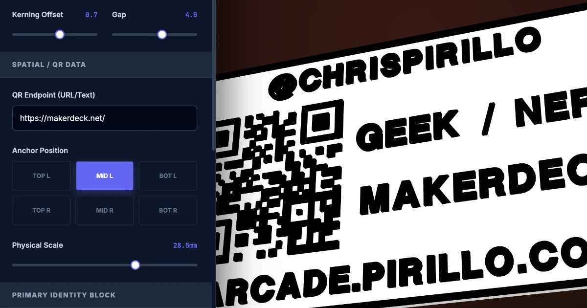 Screenshot of Business CADs: 3D-printable business card designer. Create embossed cards with text, QR codes, and SVG logos — export STL and 3MF files for multi-material printing.