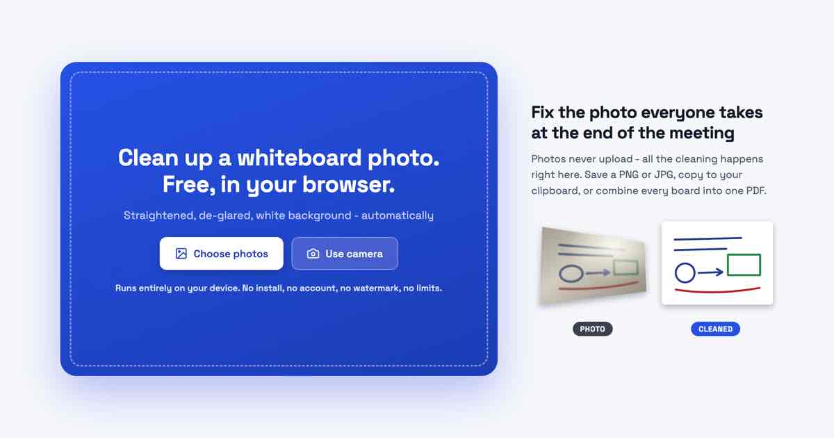 Screenshot of Clean Slate: Whiteboard photo cleaner. Straighten crooked shots, remove glare and shadows, export clean pages as PNG, JPG or PDF - a free Microsoft Lens alternative.