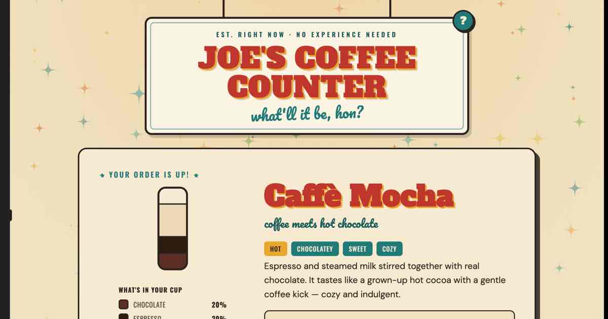 Screenshot of Coffee Counter: Coffee drink finder and visual menu — answer 6 quick questions and get matched to one of 55 espresso, iced, and cold brew drinks, and how to best order it.