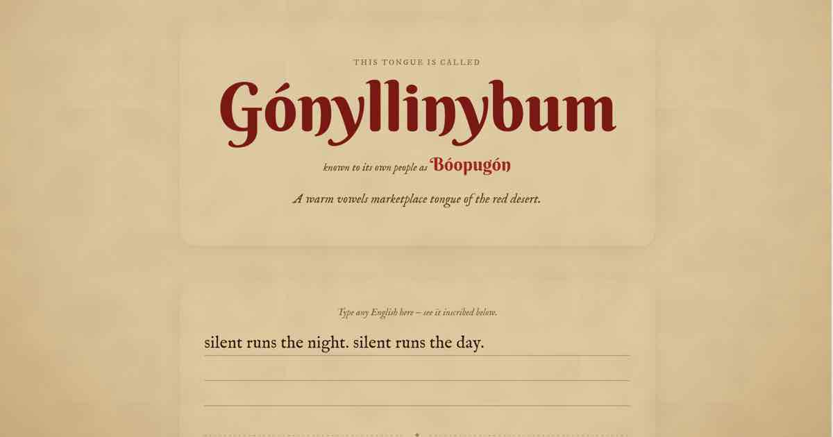 Screenshot of Conjurelang: Conjurelang invents complete fantasy languages with grammar, vocabulary, and morphology. Free alternative to Vulgar — no signup, no limits. Use plain English to make.