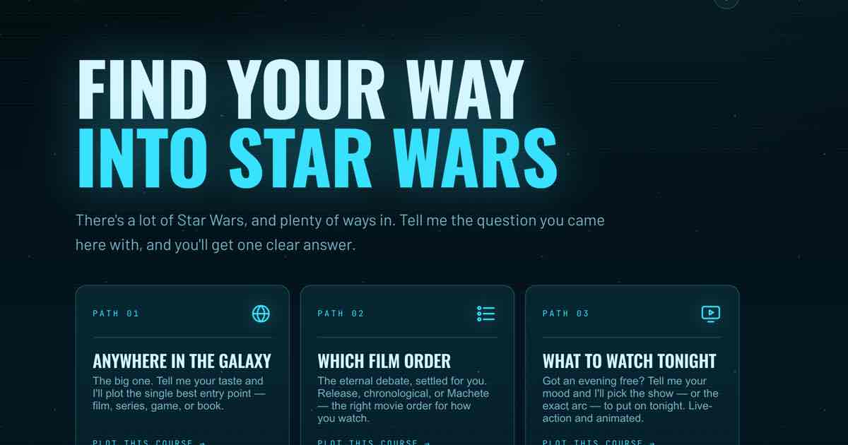 Screenshot of Force Finder: Not sure where to start with Star Wars? Force Finder plots your perfect entry point — where to begin, the right film order, what to experience tonight, etc.