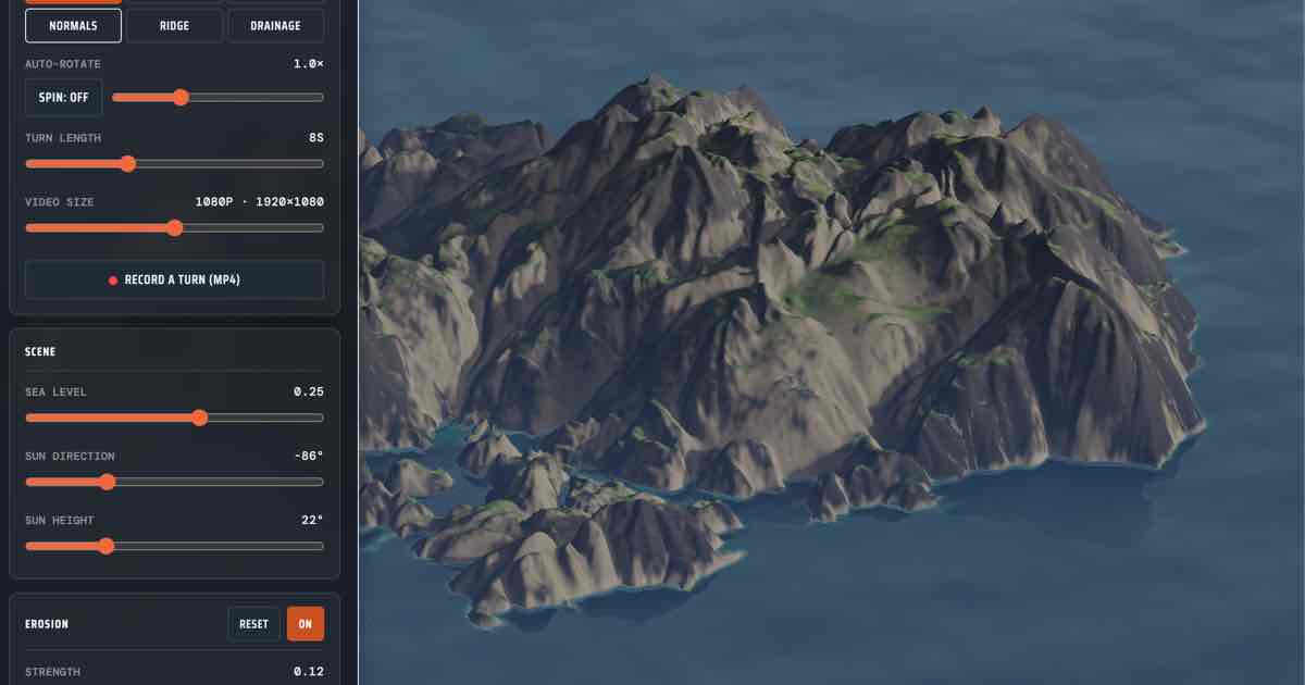 Screenshot of Gullywash: Make your own island! Watch an erosion filter carve gullies and river drainage in real time, then export a heightmap PNG, 4K render, or 3D-printable STL. For kicks.