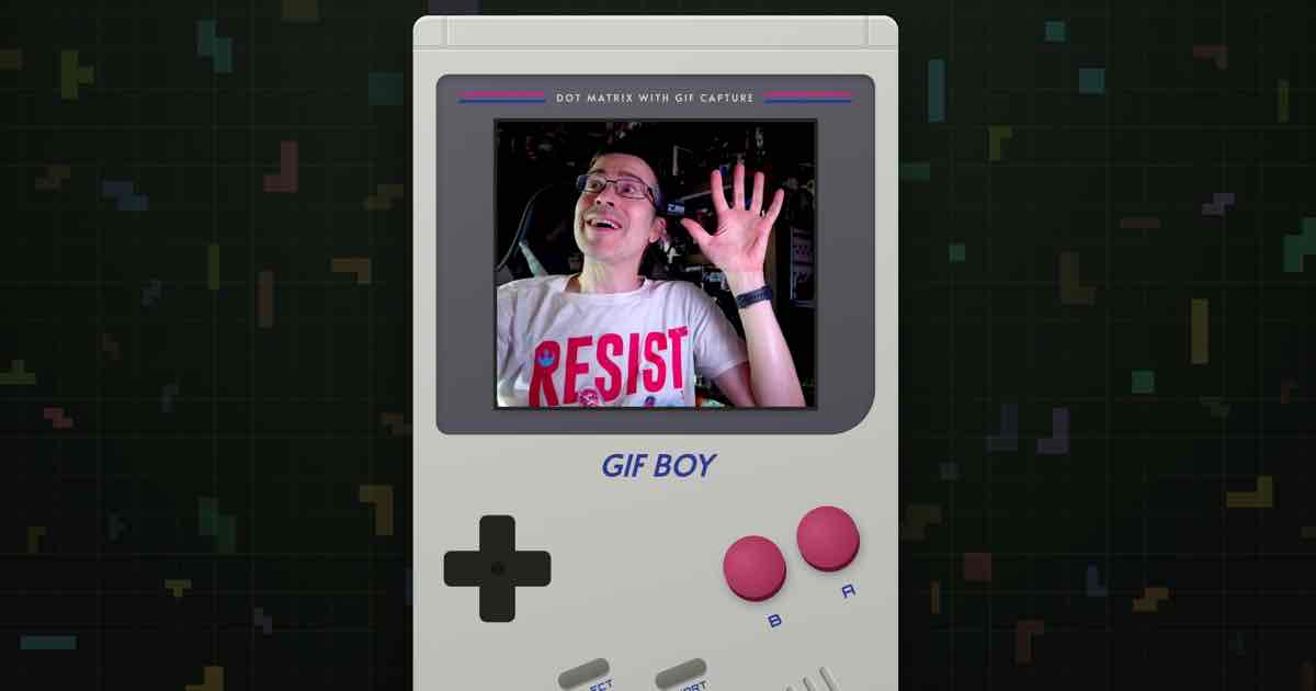 Screenshot of GIF BOY: Animated GIF camera with a "Nintendo Game Boy" inspired look — record with filters, captions, stickers. Free alternative to Giphy Cam. Now you're animating with power!
