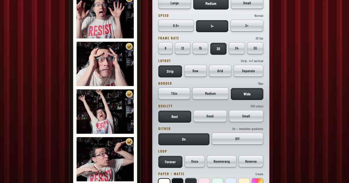 Screenshot of GIF Strips: Animated GIF photo booth & photo strip maker. Your cam shoots looping panels you can filter, caption, and sticker, then export as GIF, MP4, or PNG. No mall required!