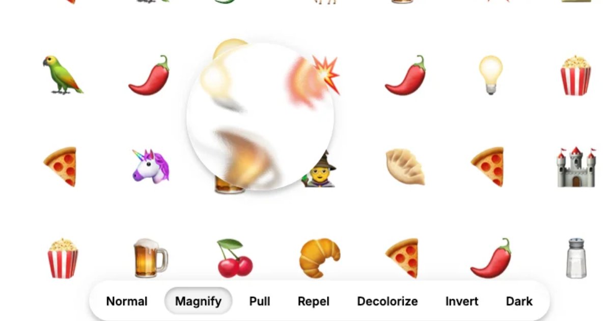 Screenshot of Glass Emoji: Glass distortion toy with emoji. Warp and refract a wall of characters through interactive lens effects — a satisfying optical physics toy.