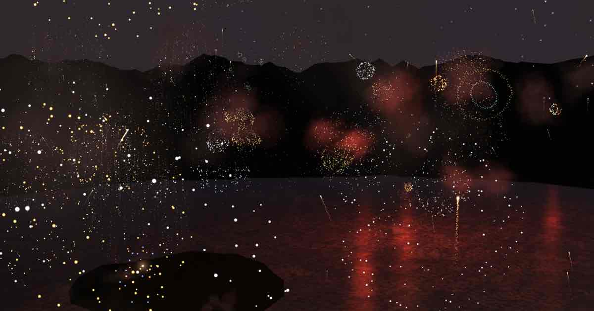 Screenshot of Grand Finale: Free 3D fireworks sim that dances to your music or live mic. 43 real shell types, an orbit camera, holiday palettes, and MP4/GIF — a FWsim alternative.