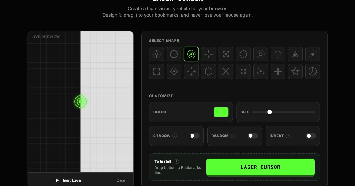 Screenshot of Laser Cursor: Mouse pointer reticle overlay bookmarklet. Install a laser-sight cursor on any web page — never lose your pointer during presentations and screencasts.