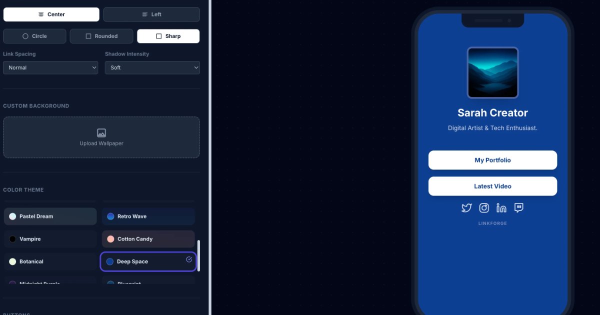 Screenshot of LinkForge: Link-in-bio page builder. Create a custom landing page with all your social links — a free self-hosted alternative to Linktree and Beacons.
