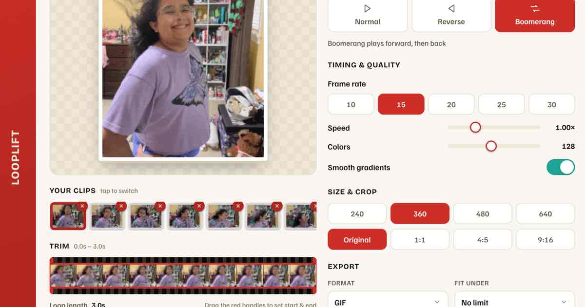 Screenshot of LoopLift: Turn iPhone Live Photos & Android Motion Photos into a GIF, MP4, or WebP. Trim, boomerang, reverse, fit under a size limit. Free, no upload, no watermark.