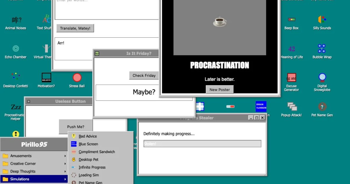 Screenshot of Pirillo 95: Windows 95 desktop simulator. Explore the Start menu, taskbar, and retro UI — a nostalgic recreation of Microsoft's iconic 1995 operating system interface.