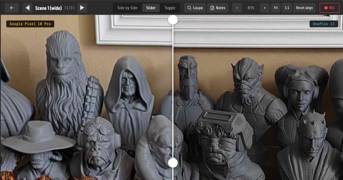 Screenshot of PixelPeep: Compare photos from different phones. Auto-sorted by EXIF, seen side-by-side at 100% with synced zoom, slider, and toggle views. Export your session in video.