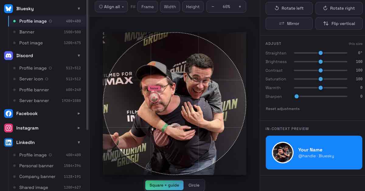 Screenshot of Profile Studio: Social media image / profile picture editor for LinkedIn, Instagram, X, Facebook, YouTube, TikTok, Bluesky, Threads,  Pinterest, et al. Batch download. Easy, fast.
