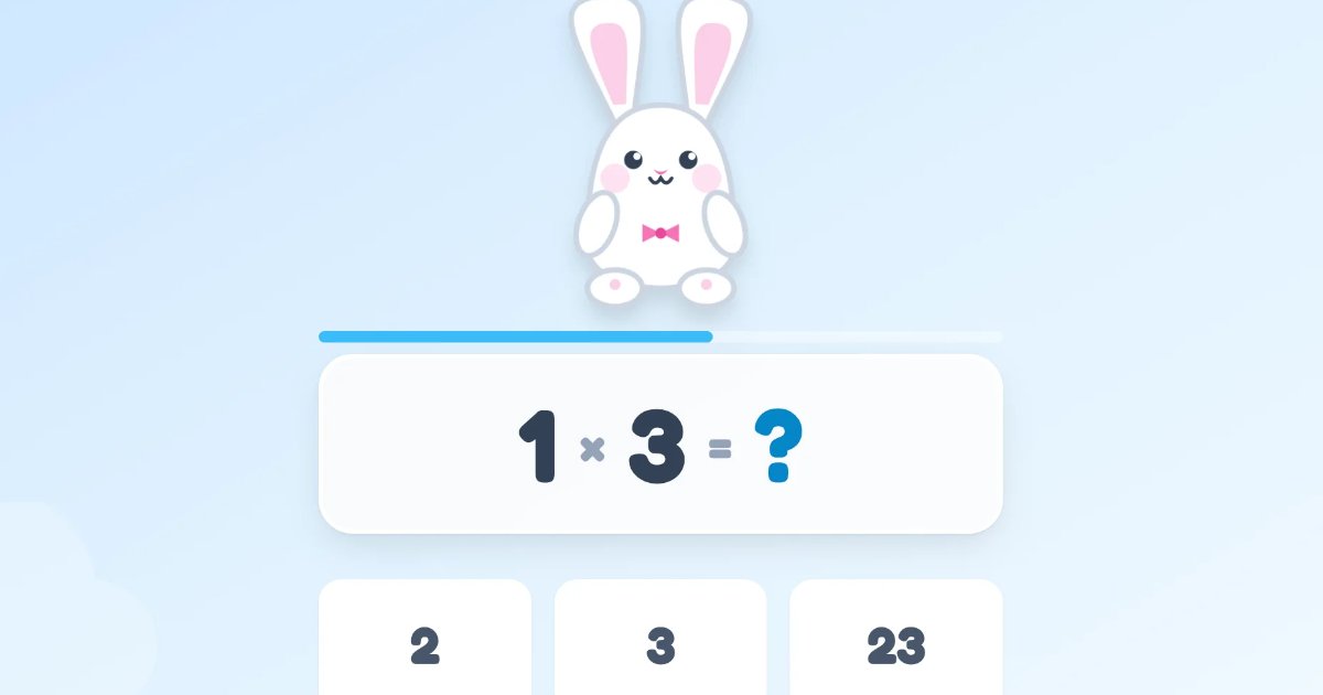 Screenshot of Rabbits Multiply: Multiplication math game for kids. Solve arithmetic to help bunnies multiply — a gamified learning tool for elementary math practice and times tables.