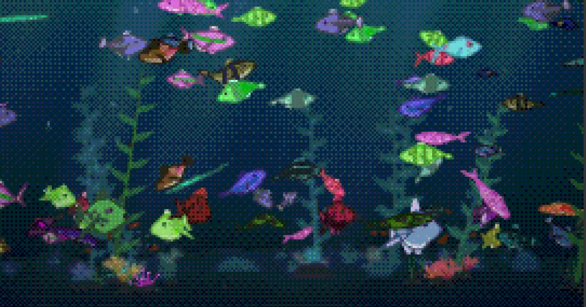 Screenshot of Reef Dive: A pixel art aquarium that never runs the same reef twice. Every fish is grown from a procedural genome — its own shape, colour and markings — and swims. Dive, dive!