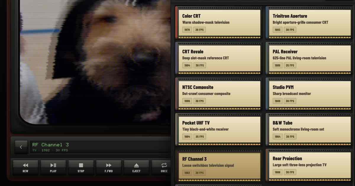 Screenshot of Retrotube Television: Analog video filter with 57 CRT, VHS, PAL, NTSC and Super 8 emulations. Run YouTube, webcam or local video through real shadow-mask tube simulation.