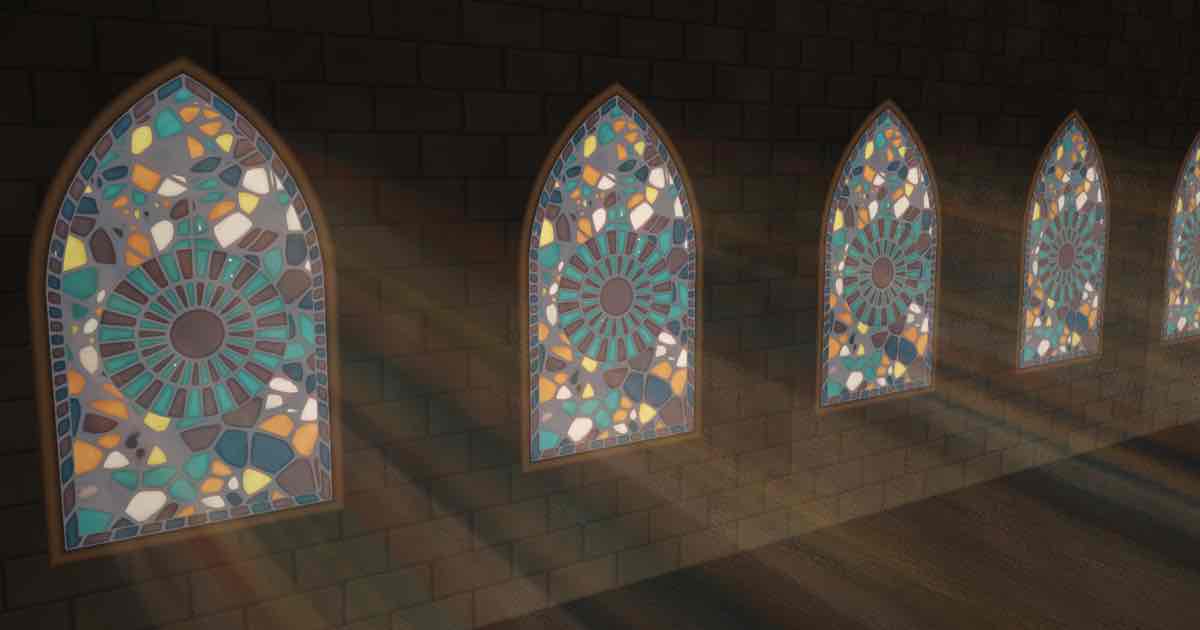 Screenshot of Stained Glass: Stained glass window generator with a real light engine: rose windows, Tiffany and Prairie panels, sun, caustics, export options. Use your own images, too. Holy sim!