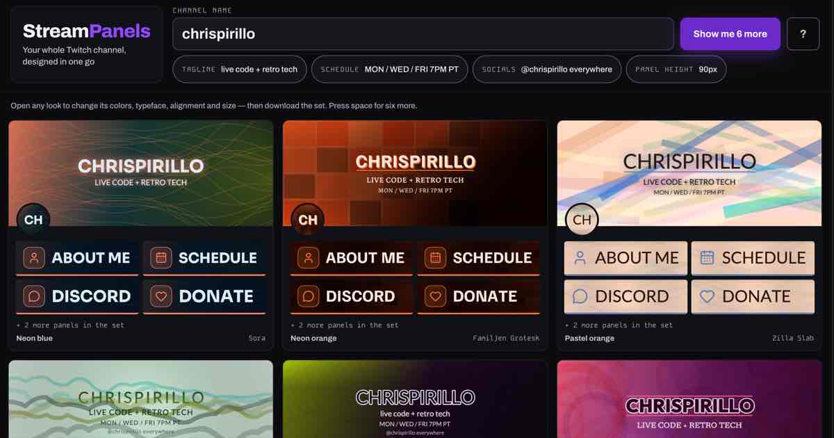 Screenshot of Stream Panels: Generate a matching Twitch panel set, banner, offline screen, avatar, emotes and animated panels in one roll. YouTube and Discord too. No signup. For live streamers!