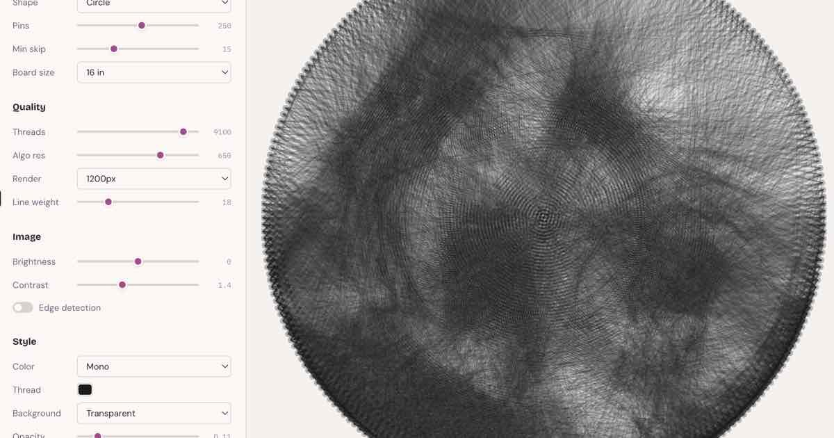 Screenshot of Stringshot: Convert any photo into string art with original photo colors — circle, heart, square, polygon, or ellipse frames. Export pin-sequence TXT, printable nailing template.