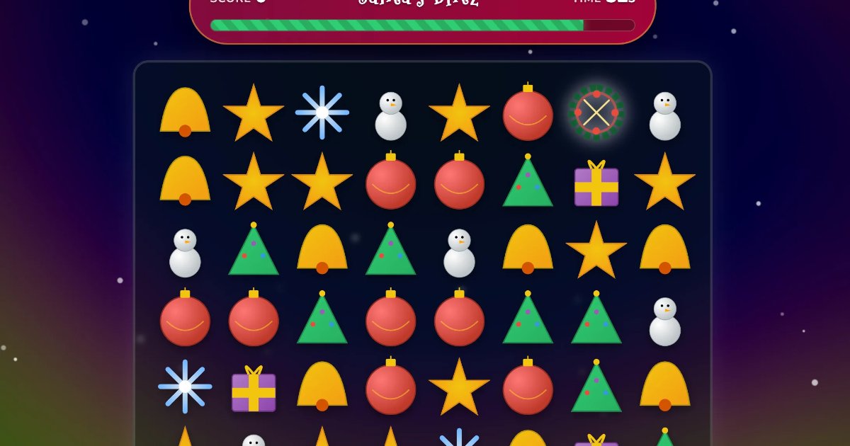Screenshot of Santa's Blitz: Christmas match-3 puzzle game. Swap holiday treats and clear festive boards — a seasonal candy-crush-style puzzler with gift-wrapped power-ups.