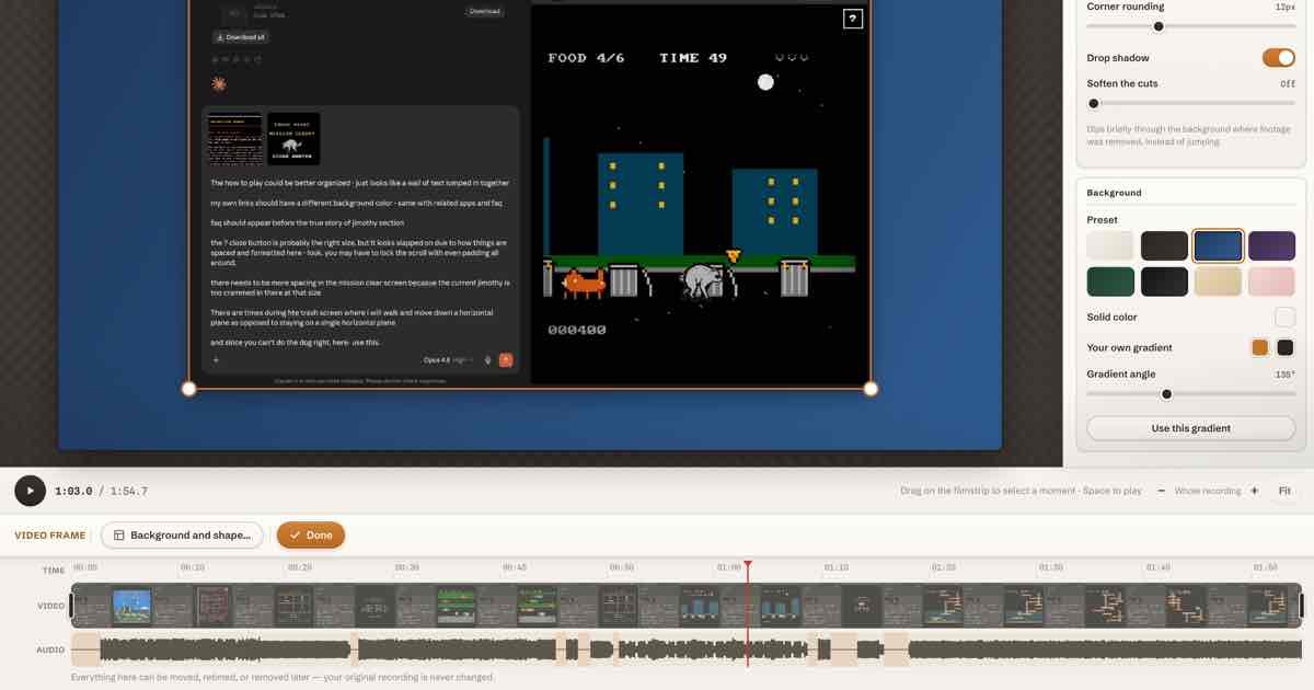 Screenshot of Screencast Recorder: Record your screen, then zoom, blur, caption and cut it. Exports MP4 or GIF. No watermark, no account, nothing uploaded. A free Loom alternative.