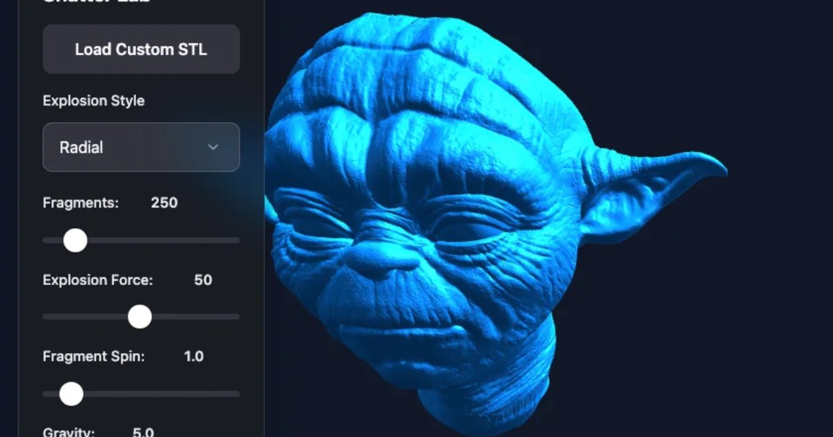 Screenshot of Shatter Lab: 3D model physics sandbox. Upload STL files and shatter, explode, and simulate destruction — a Voronoi fracture tool for 3D printing and visual effects.