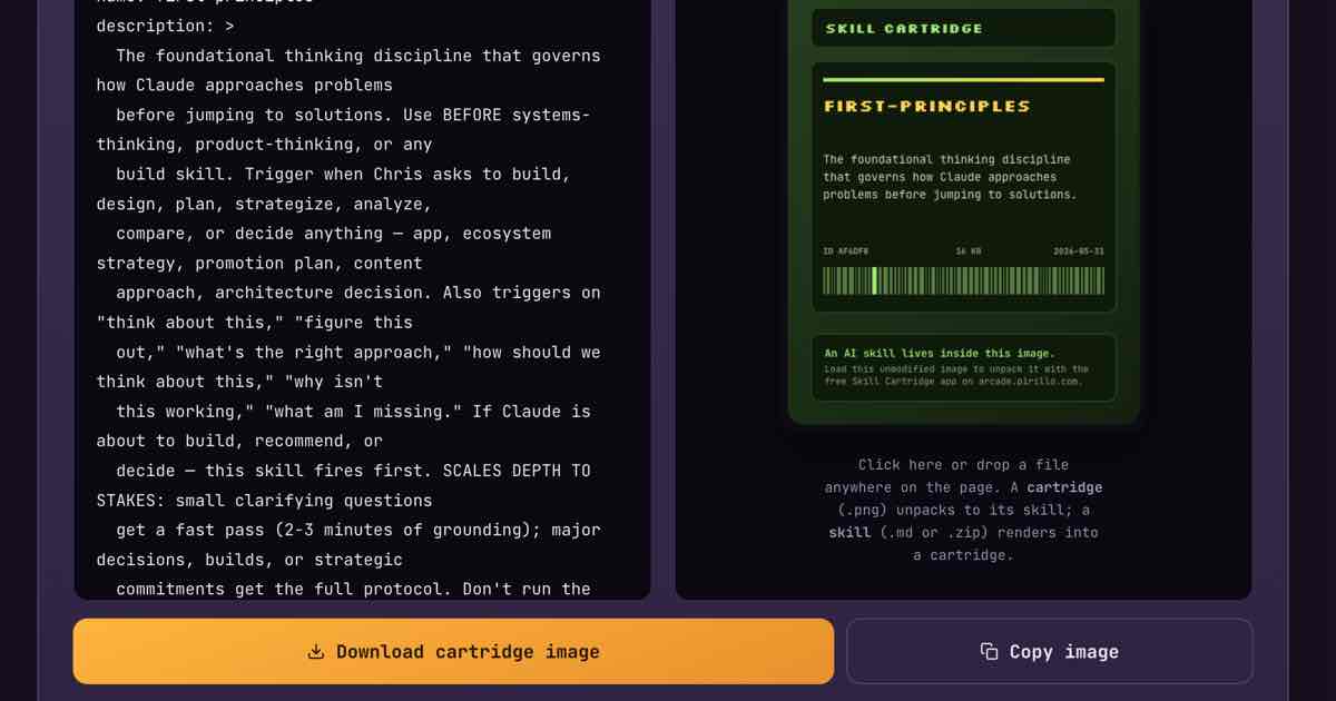 Screenshot of Skill Cartridge: Embed a Claude or agent skill in a lossless PNG to save or share with others - or use the app to "load" a cartridge to extract its data. More visual!