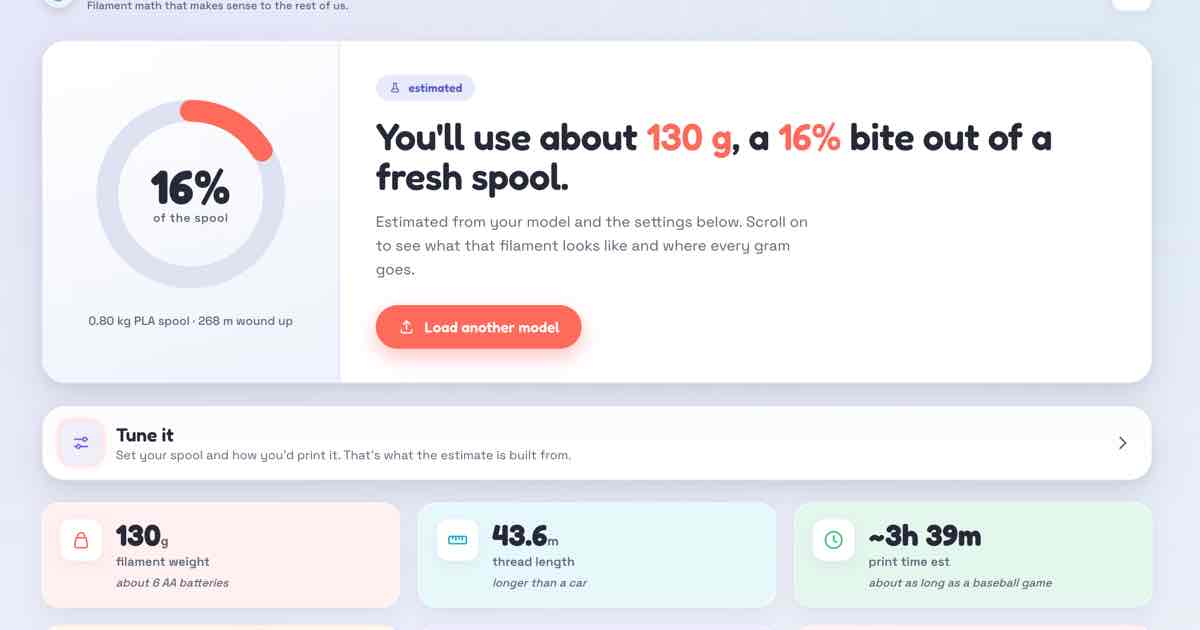 Screenshot of Spool Story: Spool Story is a 3D printing filament calculator: drop an STL or 3MF to see filament grams, length, cost, and how much of your spool one print uses.