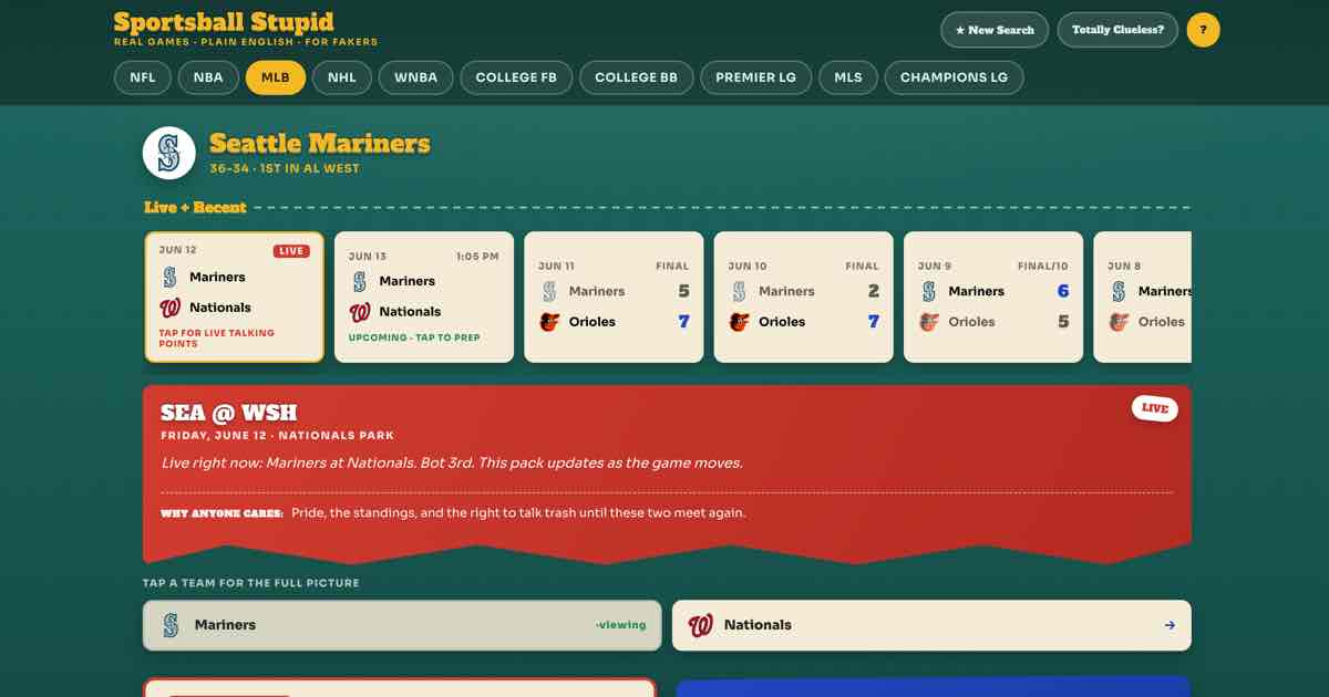 Screenshot of Sportsball Stupid: The sports game last night explained for people who don't watch sports. The score, the star, the big moment, and lines to say at work. NFL, NBA, MLB, NHL, soccer.