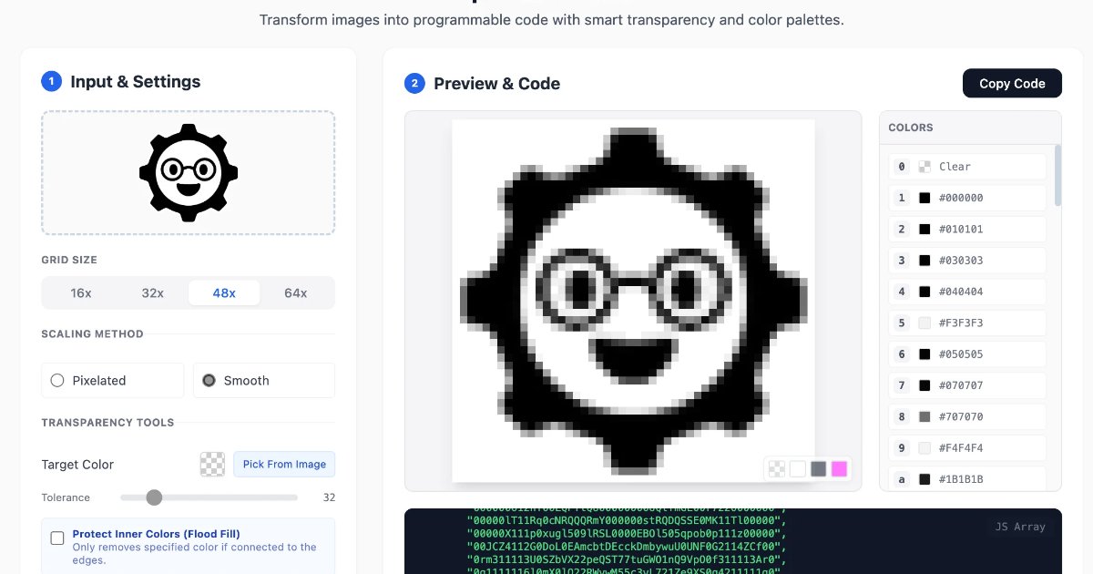 Screenshot of Sprite Tool: Sprite sheet and image-to-pixel-code converter. Transform images into code arrays for Arduino, LED matrices, and game dev — a free sprite extraction tool.