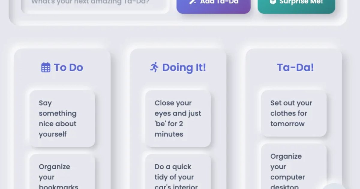 Screenshot of Ta-Da List: Kanban board and to-do list with drag-and-drop columns. A simple private task manager — a free alternative to Trello and Notion boards, fully local.