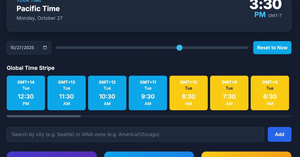 Screenshot of Time Shift: World clock and timezone converter. Visualize time across multiple cities simultaneously — a free alternative to World Time Buddy and Every Time Zone.