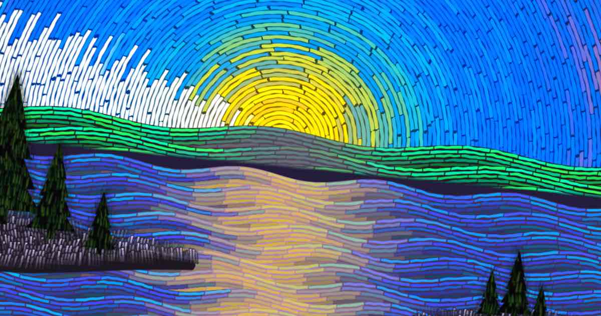 Screenshot of Van Go: Here's painterly landscape generator — shape swirling Van Gogh-style skies, water, and hills. Every time you refresh the page, it's a different work of art.
