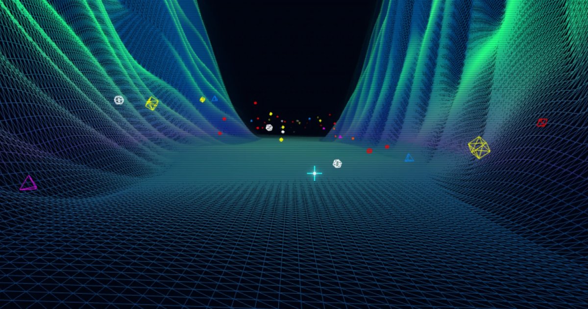 Screenshot of Vecterra Command: Neon wireframe survival shooter on an infinite vector grid. Dodge and blast through waves — inspired by Tempest and Geometry Wars aesthetics.